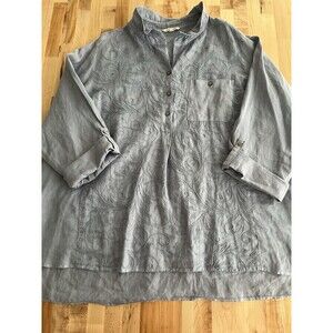 John Mark Ruffle Neck Button Up Blouse 100% Linen Embroidered Floral Blue  2X